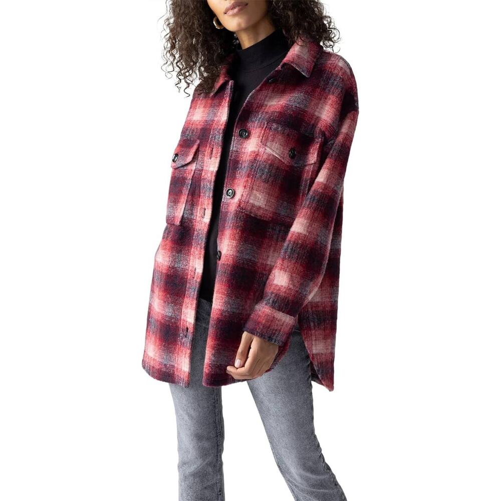 Sanctuary Pink White Plaid Wool Blend Oversized Button Up Jacket Size Small